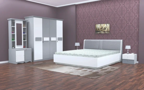 Hazal King Bed Full Hd with Head Board Cushion Storage with 4 DR Wardrobe & Dresser Units and Side Table