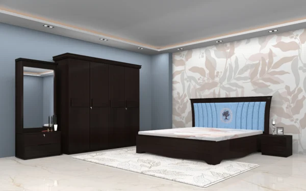 Parker King Full Hd Bed with Head Board Cushion with 4 Door Wardrobe & Dresser and Side Table