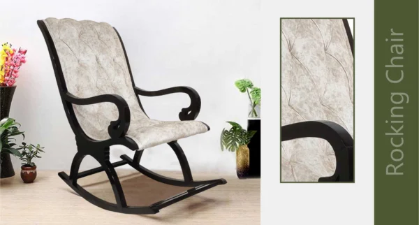 A classic wooden rocking chair with a curved backrest and armrests, featuring a smooth rocking motion.