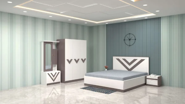 Valente Modern bedroom set with a king size bed 3 door wardrobe dresser and 2 drawer bedside table in a sleek wood finish