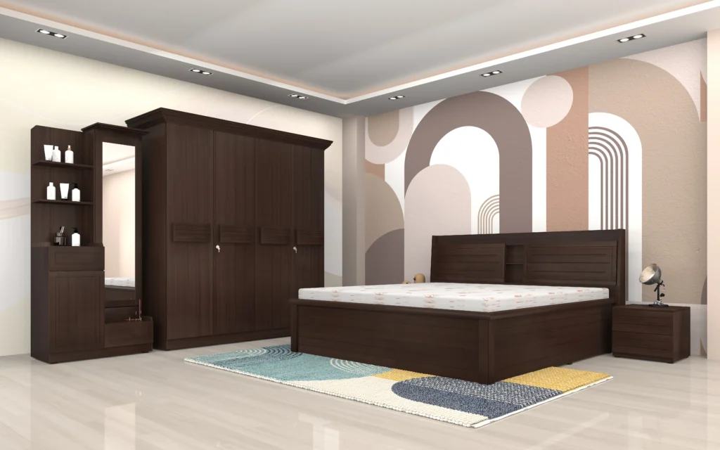 Aramika Full hydraulic king-size bed with rich wood finish, horizontal panel headboard, and built-in headboard storage.webp